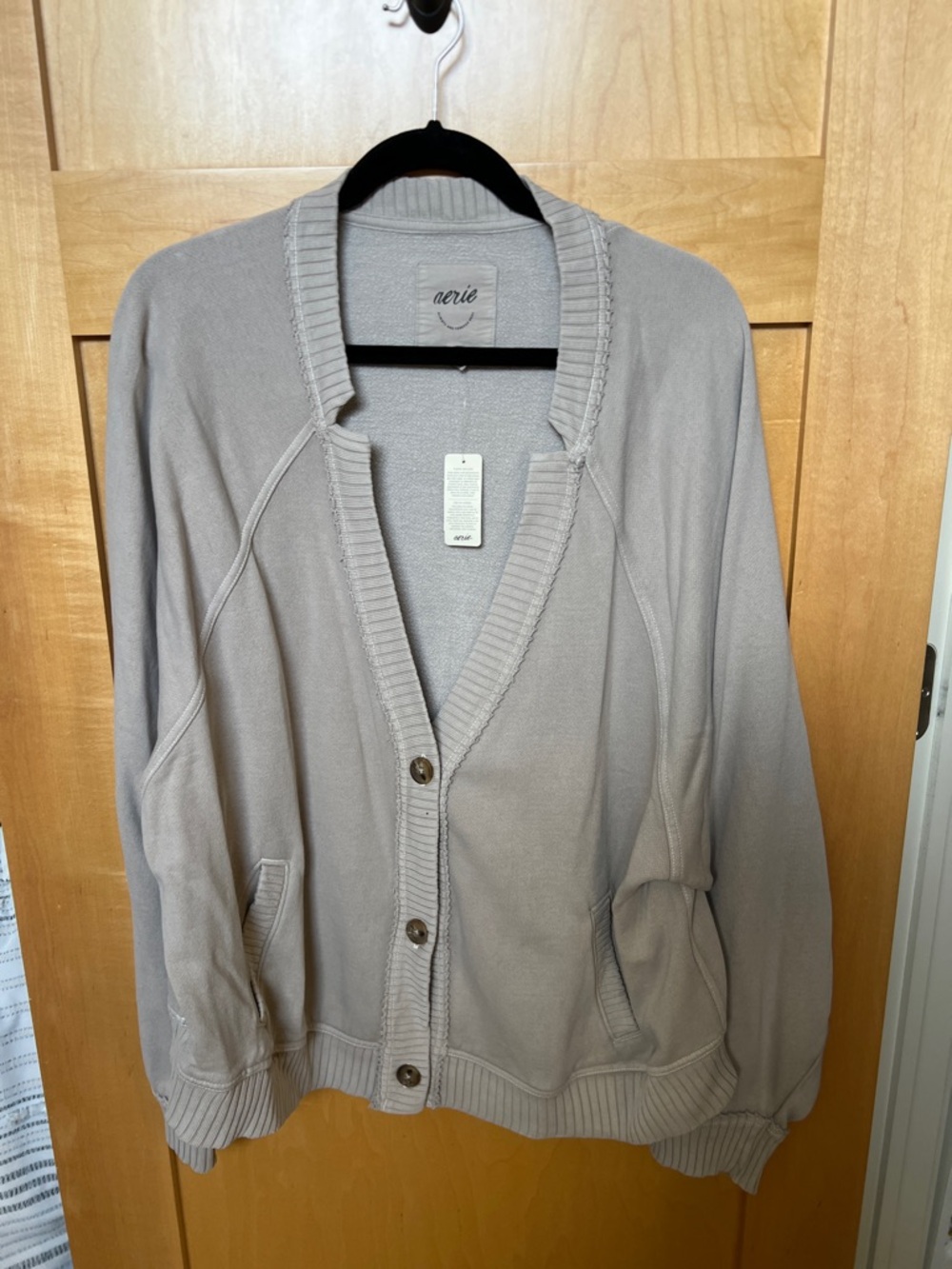 NWT Aerie Taupe Button-Front Ribbed Cardigan